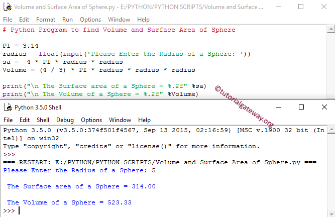 Python Program to find Volume and Surface Area of Sphere