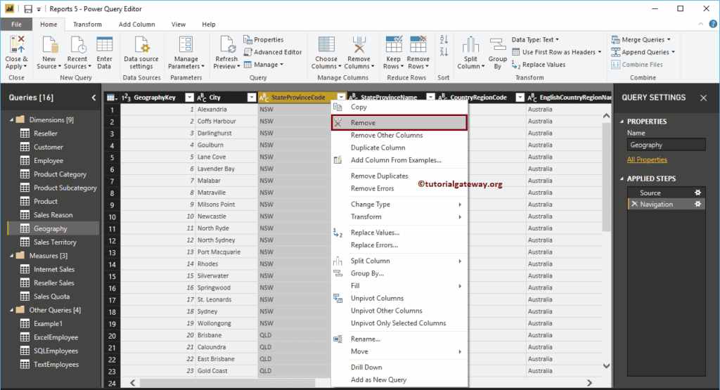 Remove or Reorder Columns in Power BI