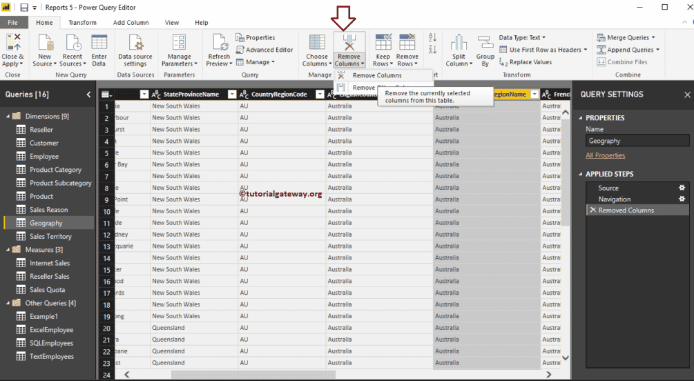 Remove or Reorder Columns in Power BI