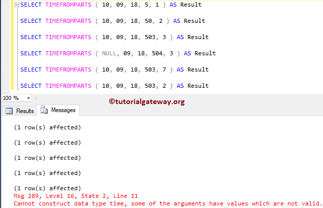 SQL TIMEFROMPARTS Function