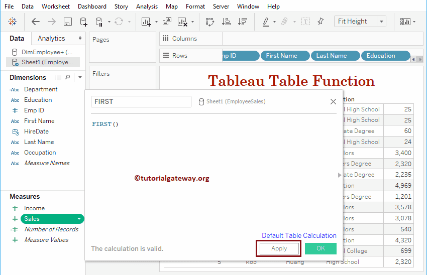 Tableau Table Functions