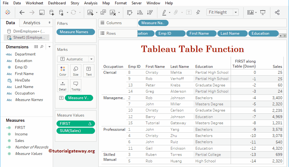 Tableau Table Functions