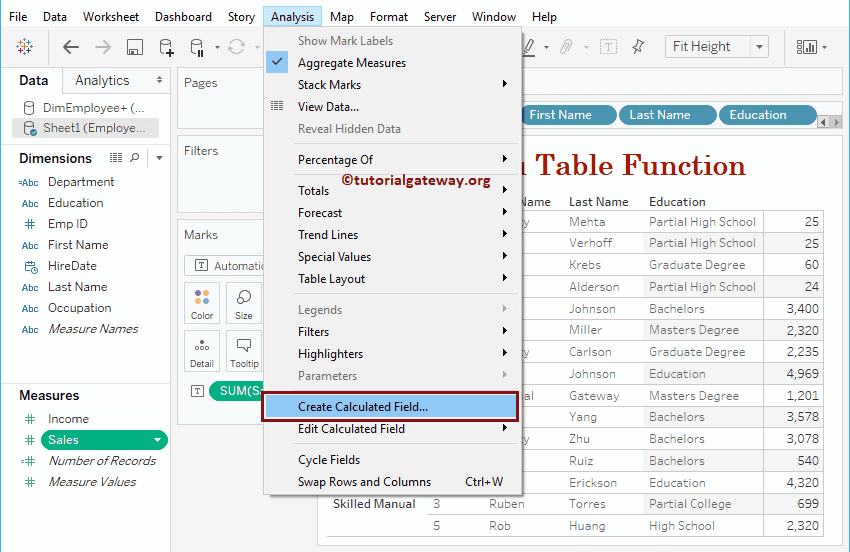 Tableau Table Functions