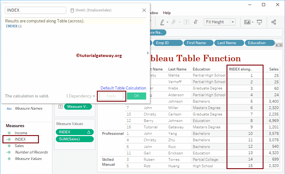 Tableau Table Functions
