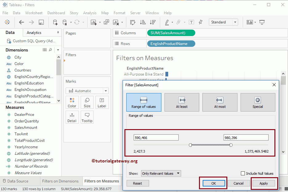 Tableau Filters on Measures