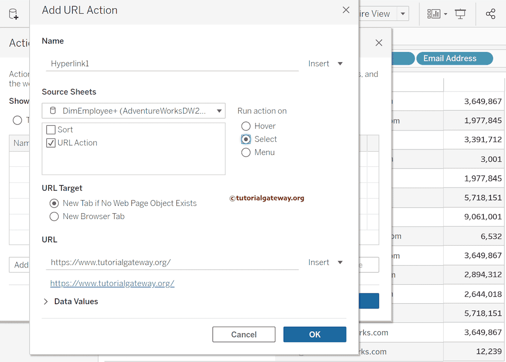 Tableau Go to URL Action