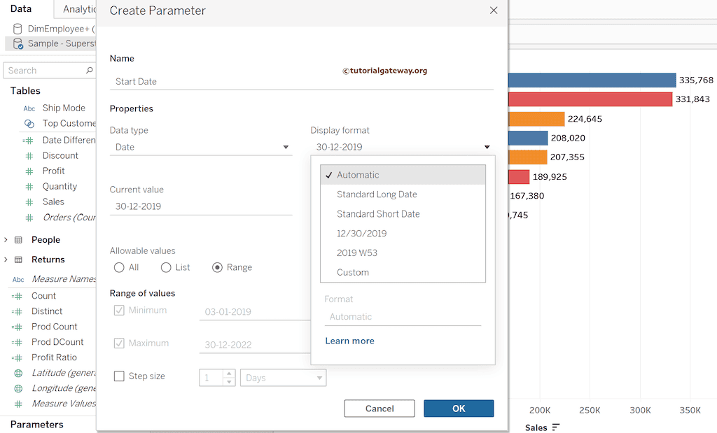 Tableau Start and End Date Filter using Parameter