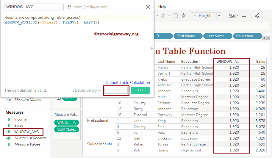 Tableau Table Functions