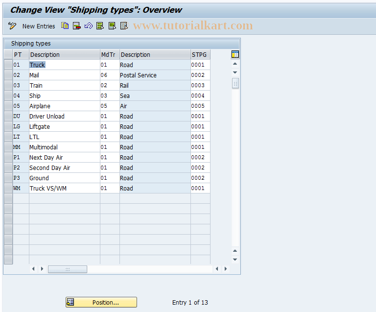 0VTA SAP Tcode Customizing Shipping Types Transaction Code