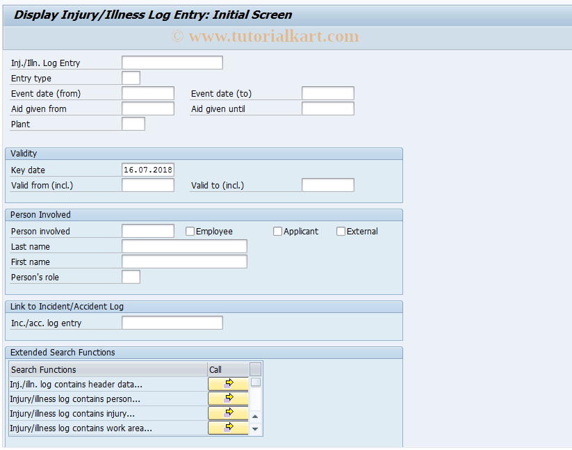CBIH73 SAP Tcode EHS Display Injury/Illness Log Entry Transaction Code