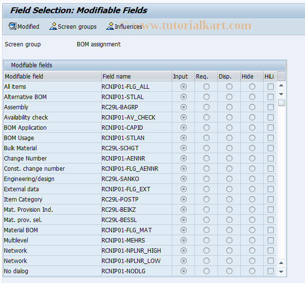 CN37 SAP Tcode BOM Allocation Field Selection Transaction Code