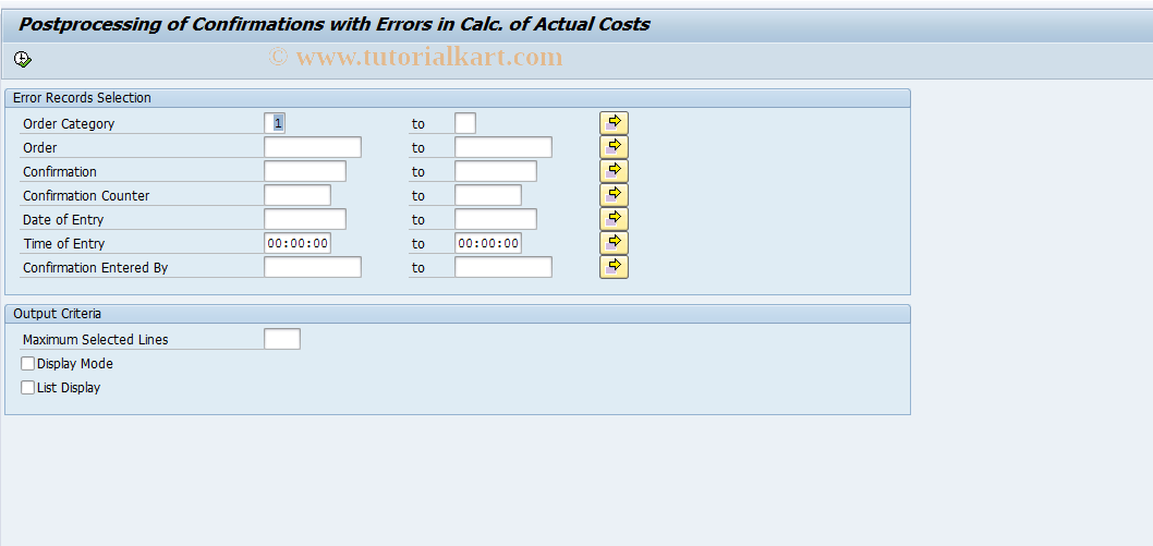 COFC SAP Tcode Reprocessing Errors Actual Costs Transaction Code
