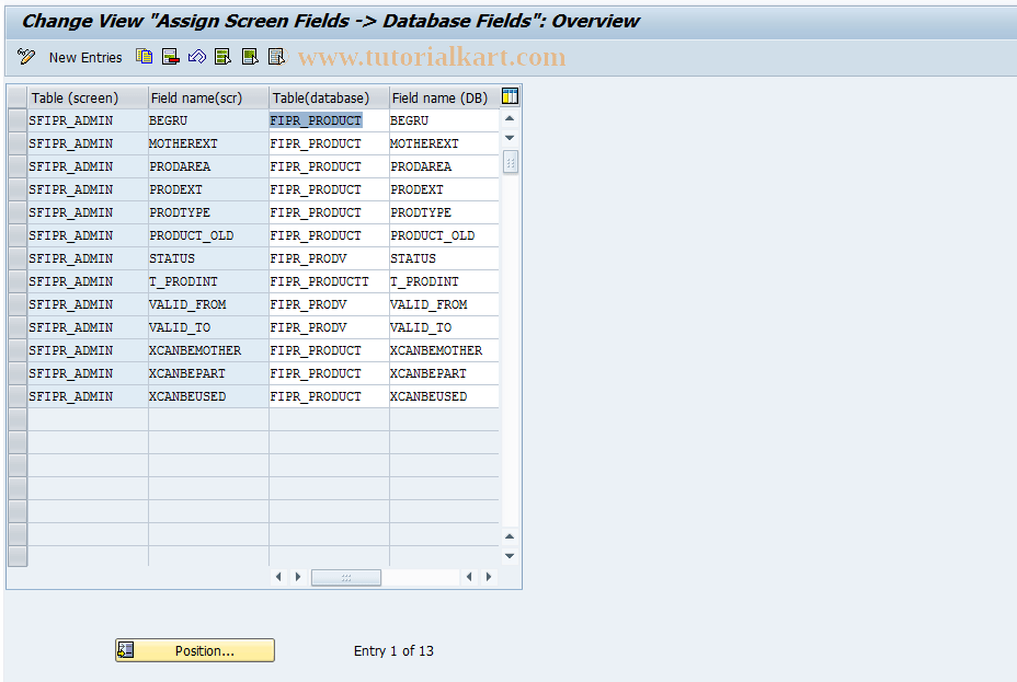 FIPRB11 SAP Tcode FIPR Control Assgt Scrn>DB Field Transaction Code