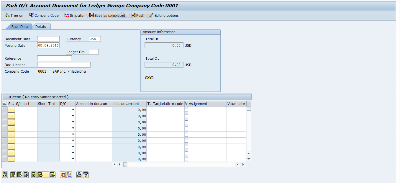 FV50L SAP Tcode Park G/L Account Document for Ledger Group