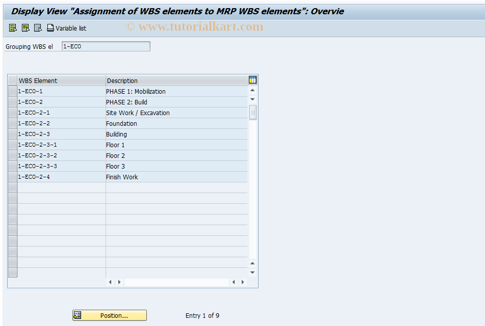 GRM1 SAP Tcode Display Grouping WBS Elem Assign. Transaction Code