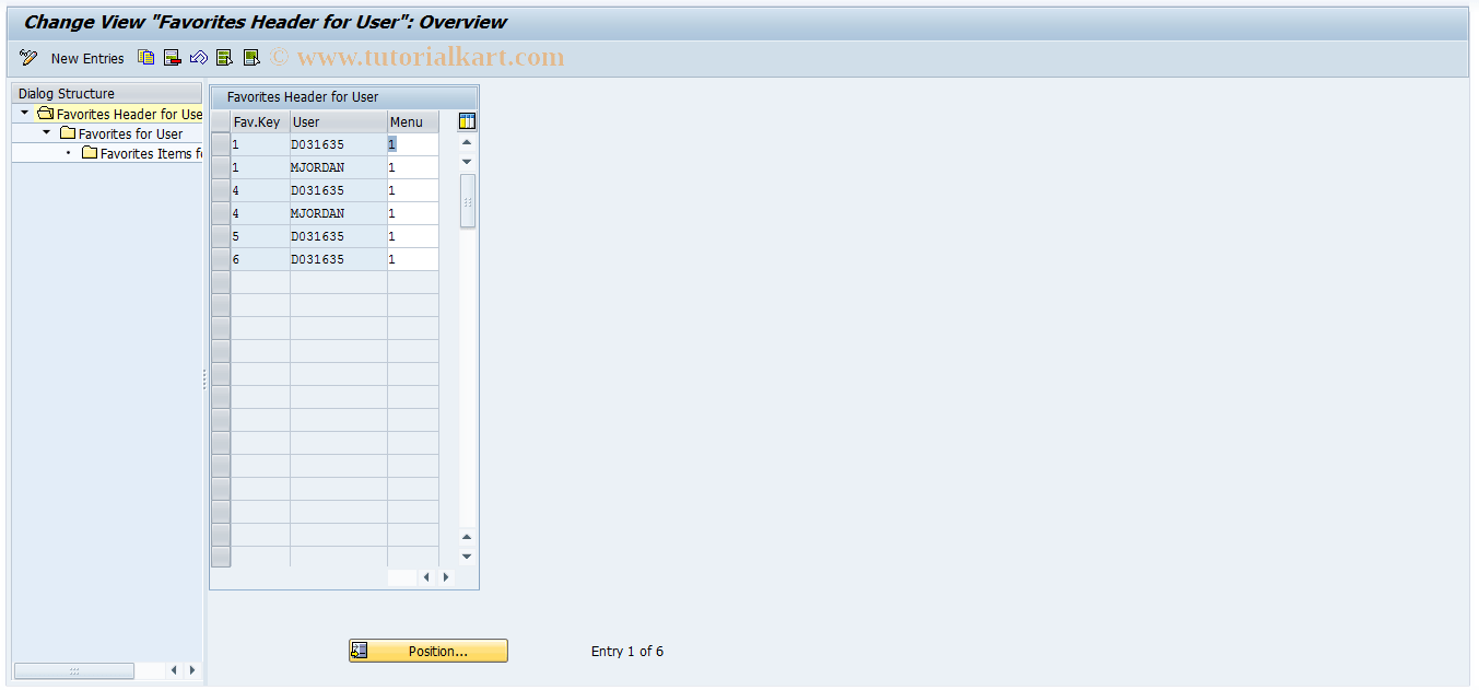 J7LFAVOURITE2 SAP Tcode Favorites Management Entries Transaction Code