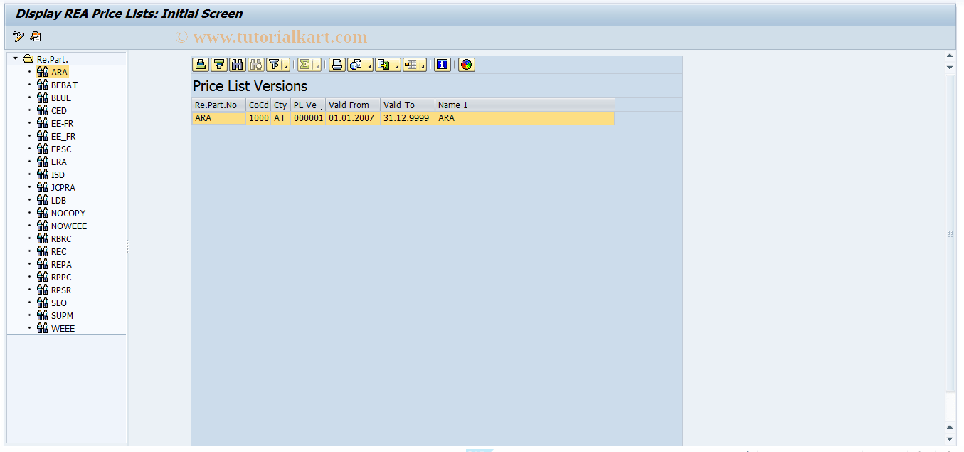 J7LP SAP Tcode REA Display Price Lists Initialize Screen Transaction