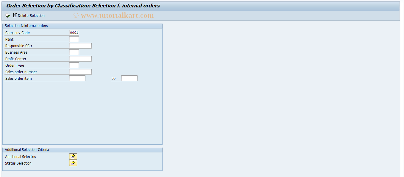 KKBF SAP Tcode Order Selection (Classification) Transaction Code