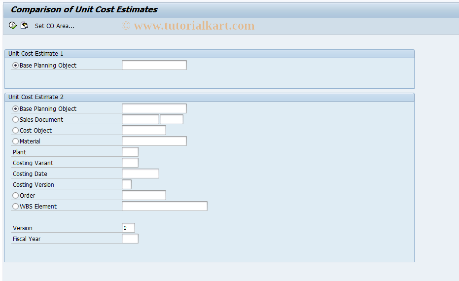 KKEC SAP Tcode Compare Base Object Unit Cost Est Transaction Code