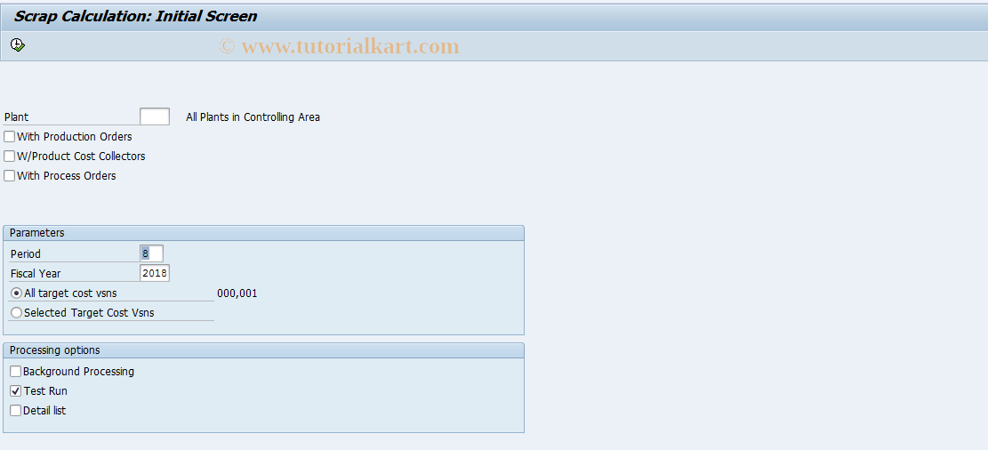 KKSV SAP Tcode Scrap Cost by Sales Order (C) Transaction Code