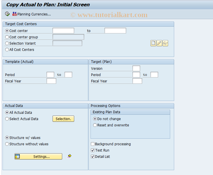 KP98 SAP Tcode Copy Actual to Plan for Cost Centers Transaction Code