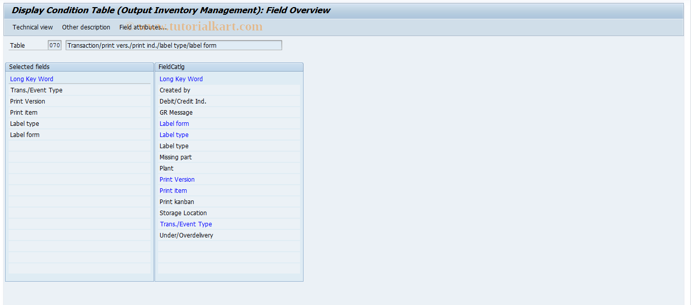M705 SAP Tcode Output Display Conditions Table Transaction Code