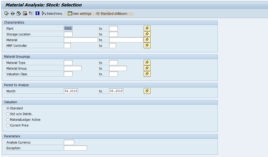 MC.9 SAP Tcode INVCO Material Anal.Selection, Stock Transaction Code