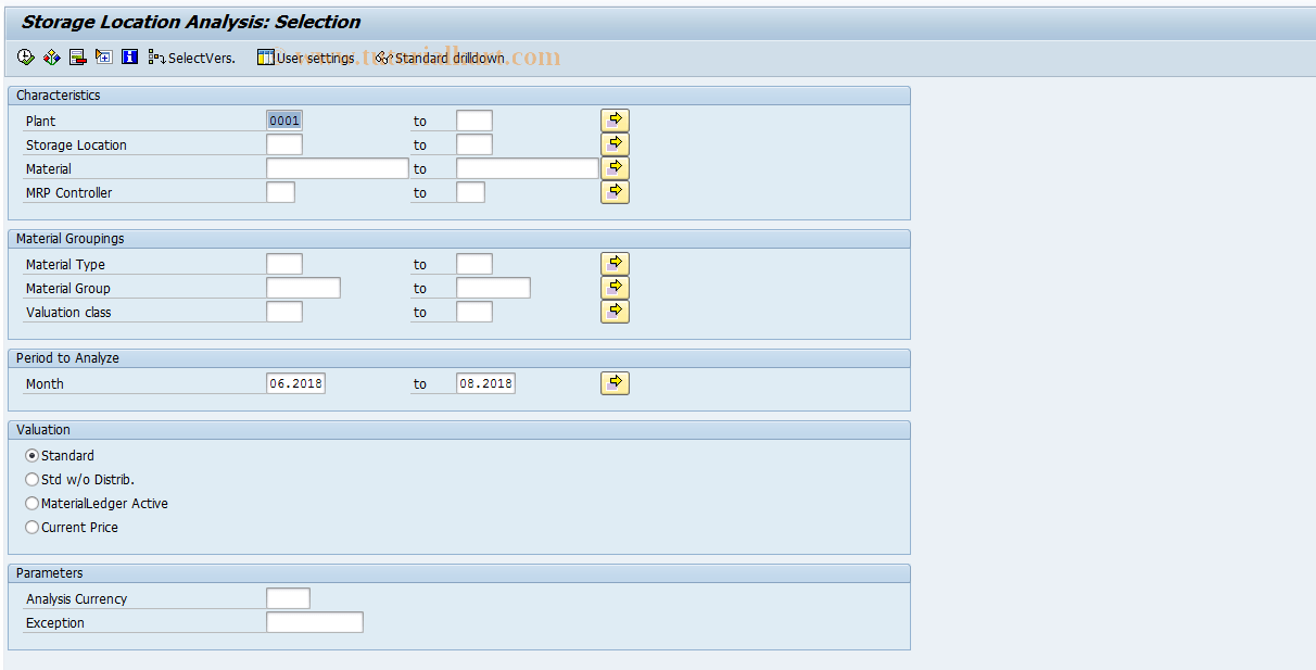 MCBC SAP Tcode INVCO Storage Location Analysis Selection Transaction