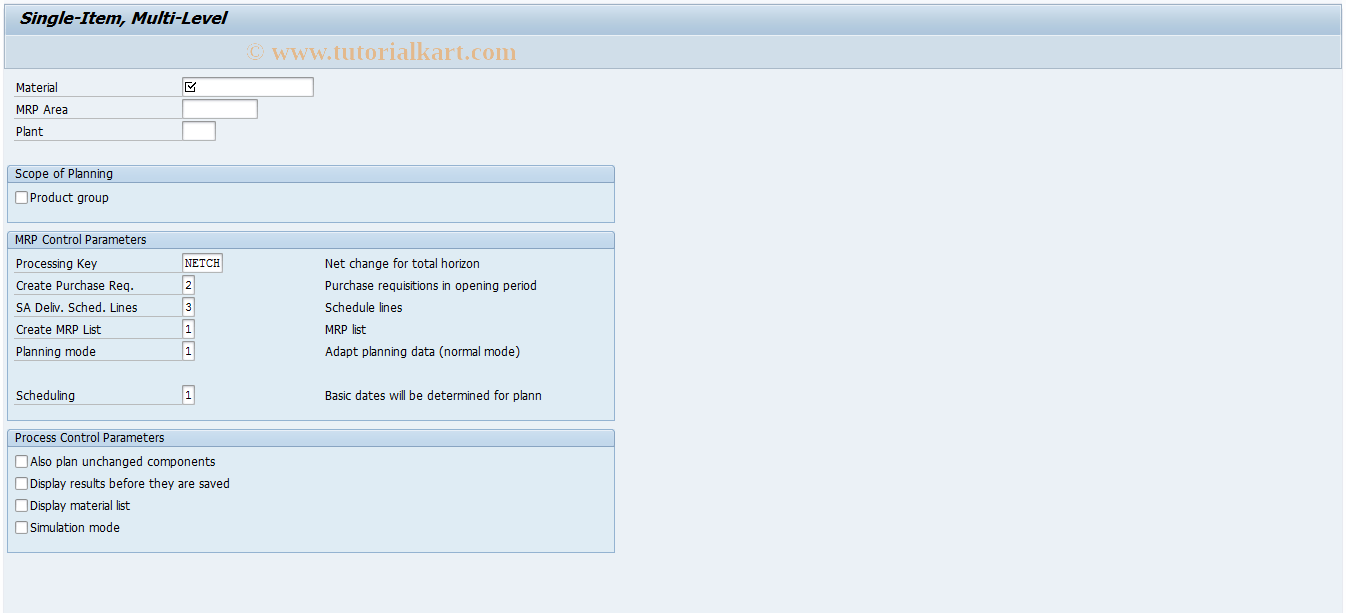 MD02 SAP Tcode MRP Singleitem, Multilevel Transaction Code