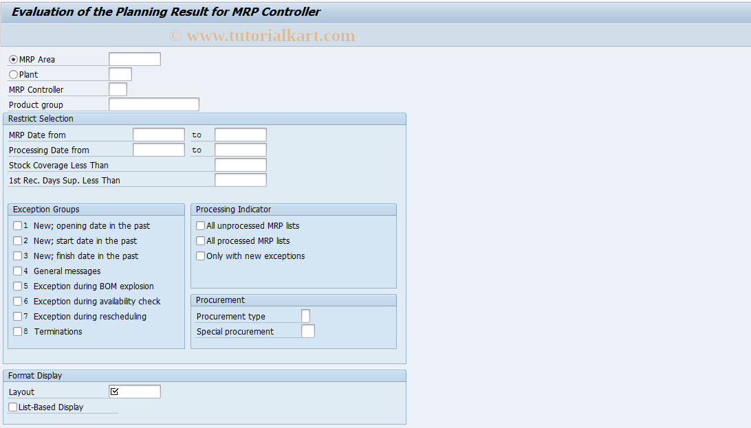 MD46 SAP Tcode Eval. MRP lists of MRP controller Transaction Code