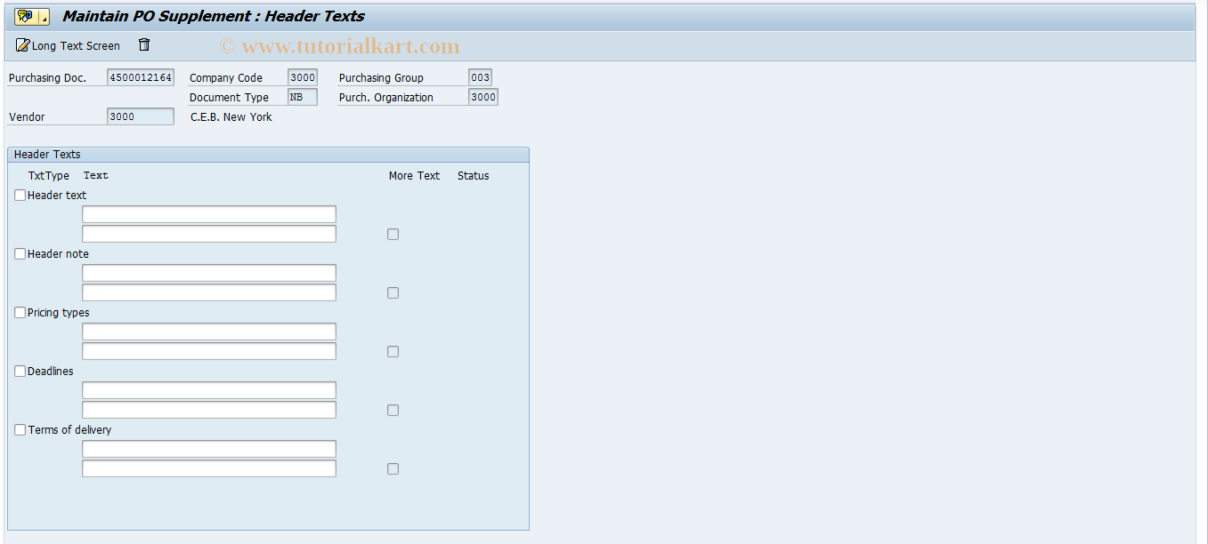 ME24 SAP Tcode: Maintain Purchase Order Supplement