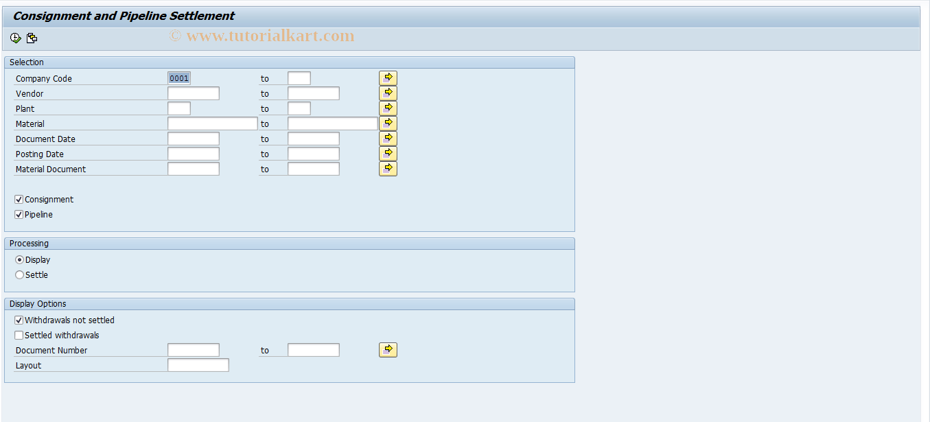 MRKO SAP Tcode Settle Consignment/Pipeline Liabs. Transaction Code