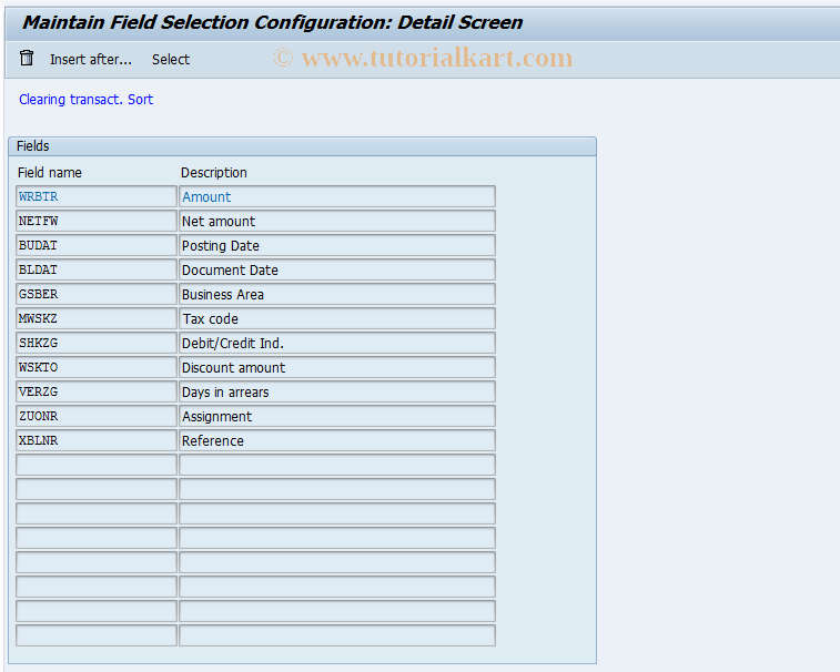 O7F2 SAP Tcode Clearing field selection search Transaction Code