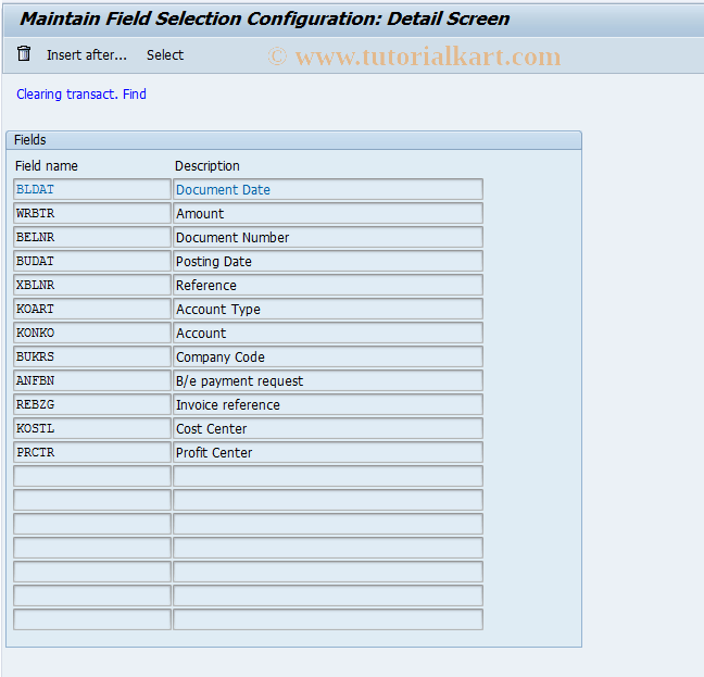 O7F3 SAP Tcode Clearing Field Selection Sort Transaction Code