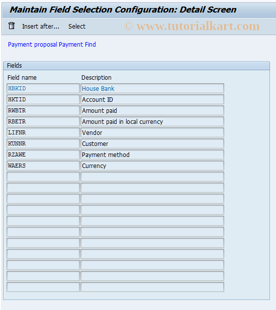 O7FC SAP Tcode Auto.Pymt Field.Sel.Find Payment Transaction Code