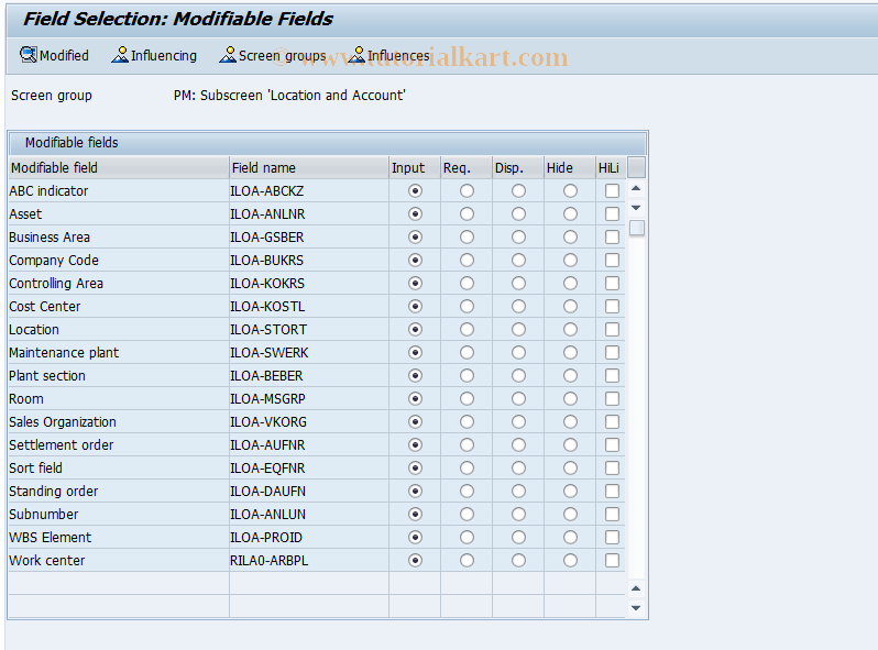 OIAZ SAP Tcode Field selection functional location Transaction Code