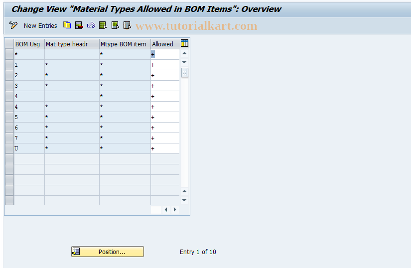 OICP SAP Tcode Valid Material Types for BOM Transaction Code