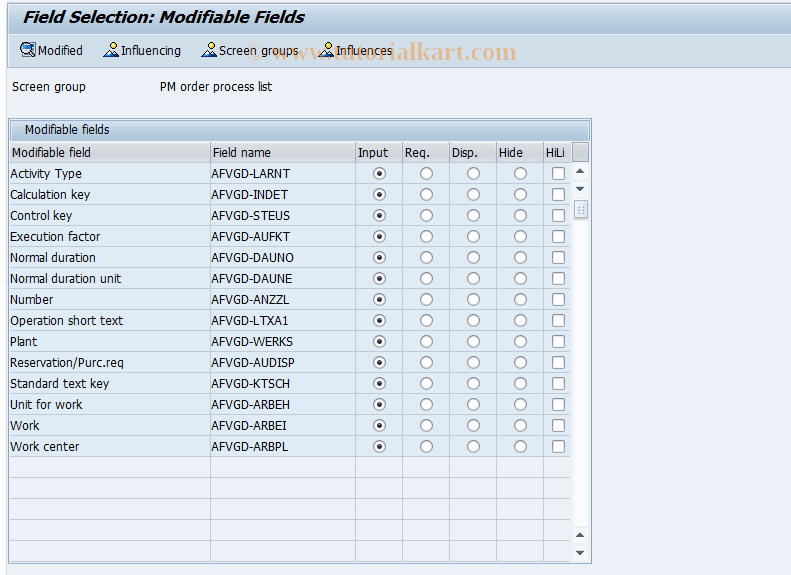 OIOPL SAP Tcode Field Selection for Order Opertn Detail Transaction Code
