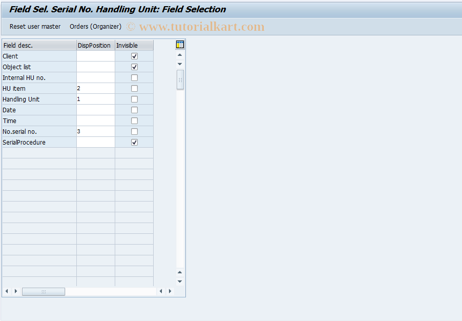 OIRE0 SAP Tcode Field Sel. Serial Number Handling Unit Transaction Code