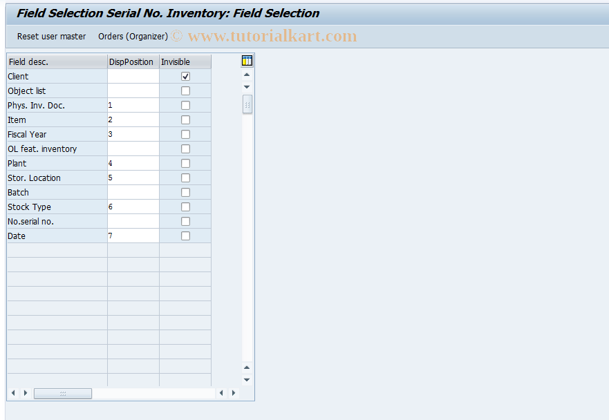 OIRE1 SAP Tcode Field Selection Serial Number Inventory Transaction Code