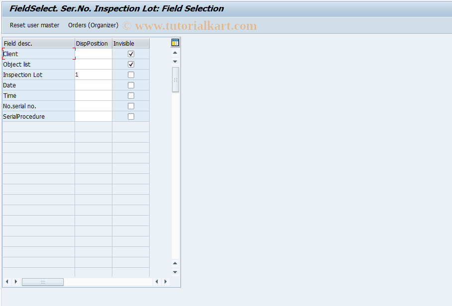 OIRO SAP Tcode FieldSelect. Ser.Number Inspection Lot Transaction Code