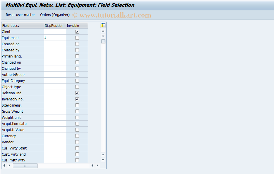 OIUXR SAP Tcode Multilvl Equi. Network List Equipment Transaction Code