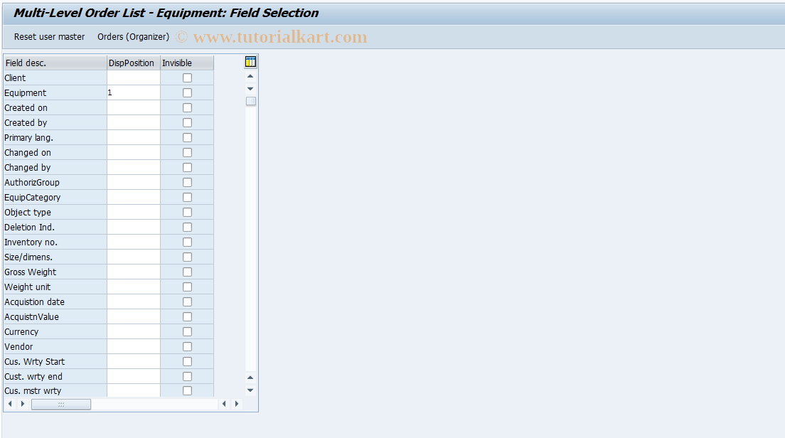 OIXY SAP Tcode MultiLevel Order List Equipment Transaction Code
