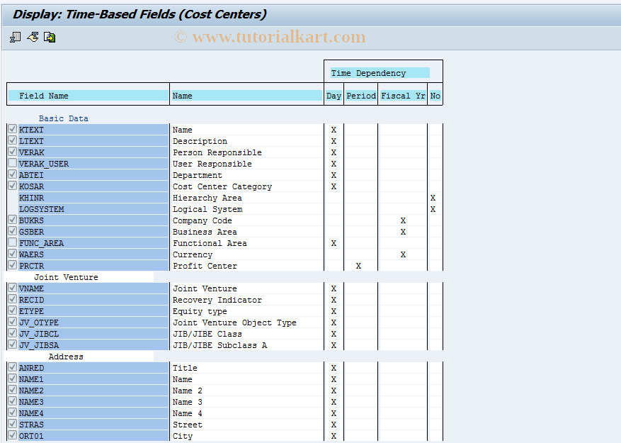 OKEH SAP Tcode Display TimeBased Fields/Cost Ctrs Transaction Code