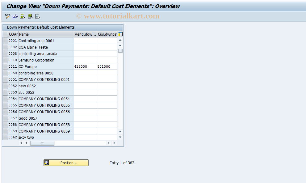 OKEP SAP Tcode Down Payment Maintain Default CElem Transaction Code