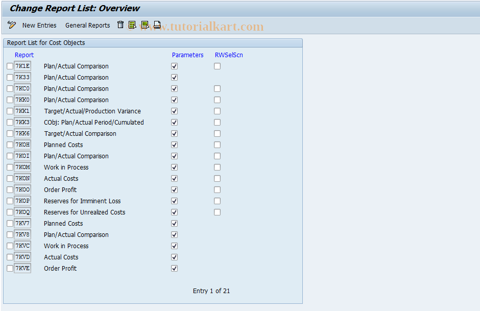 OKT7 SAP Tcode Report List General Cost Objects Transaction Code