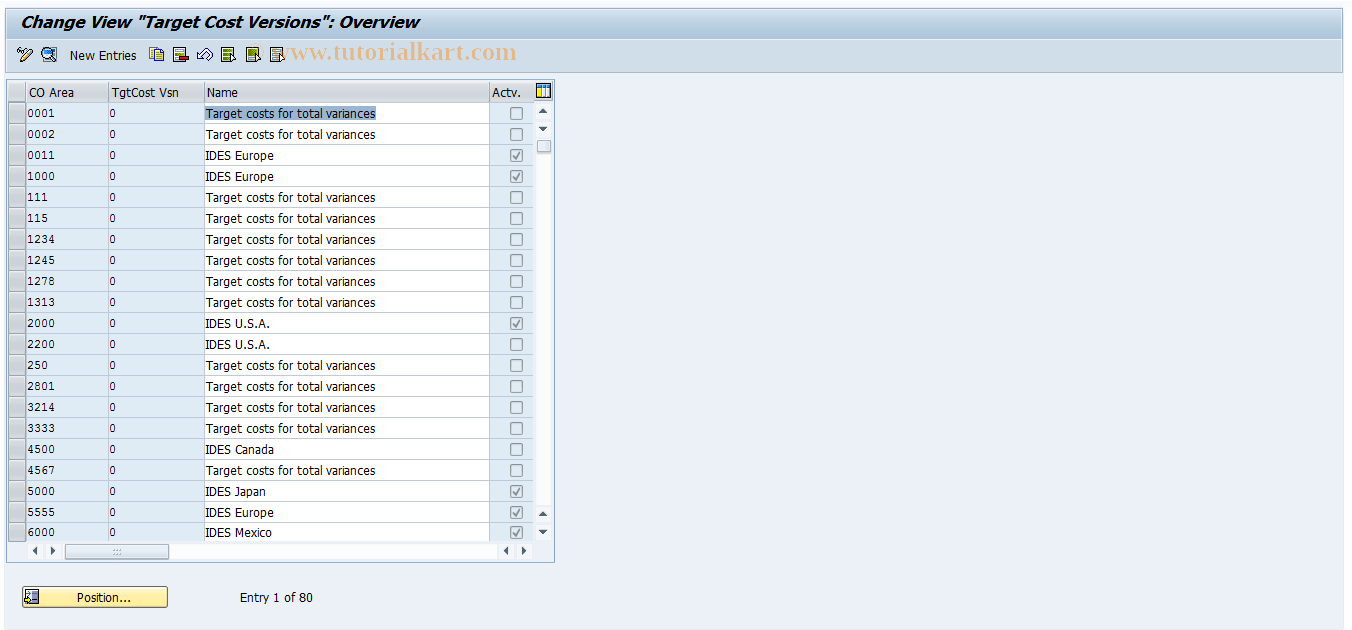 OKV5 SAP Tcode Maintain Tgt Cost Vers for Cost Ctrs Transaction Code