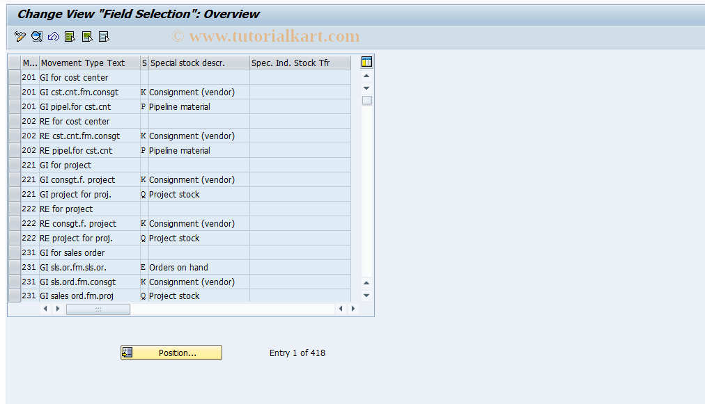OMBW SAP Tcode Set Screen Layout for Goods Movement Transaction Code