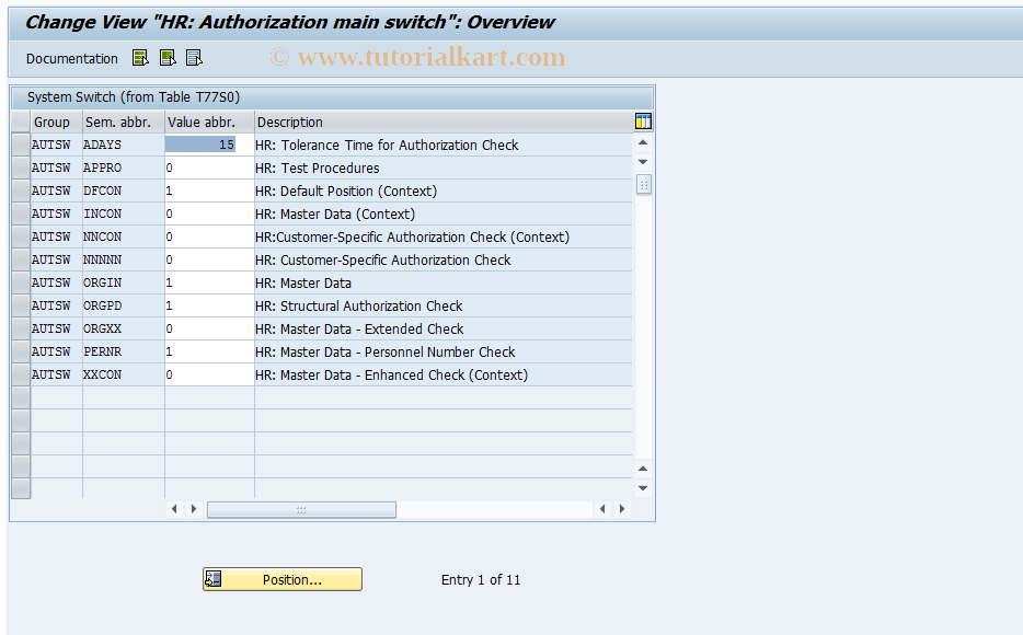 OOAC SAP Tcode HR Authorization main switch Transaction Code