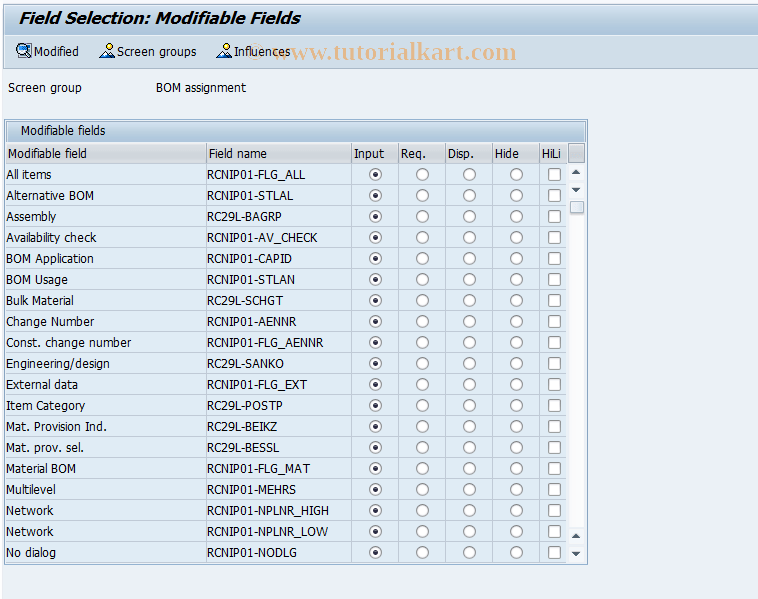 OPMF SAP Tcode Field Selection BOM Transfer Transaction Code